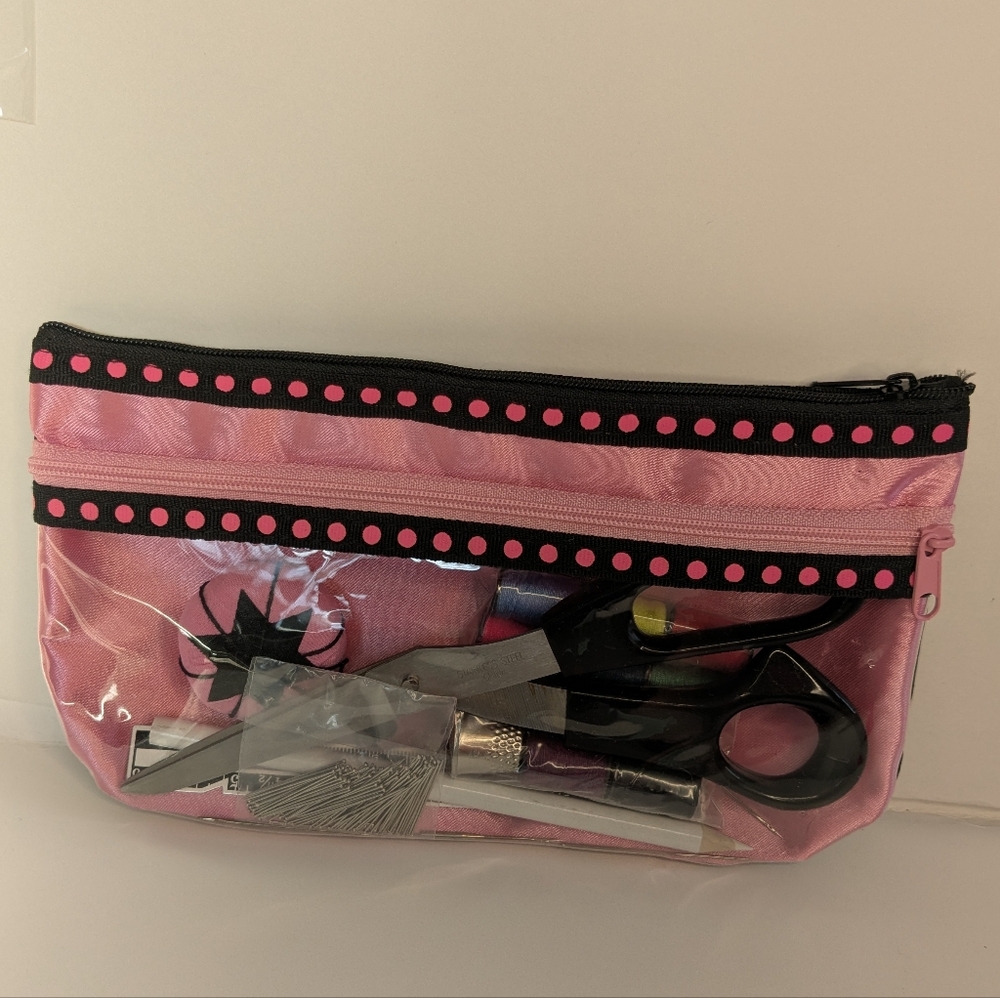 2 Zippered Pockets Sewing Kit Pink & Black Scissors Thread Pins Needles Measure